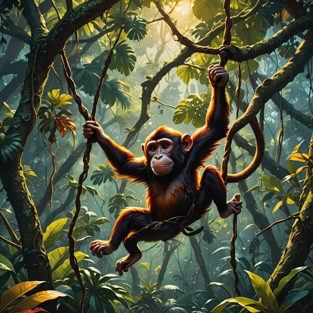Monkey in Jungle, Rutkowski-style Matte Painting