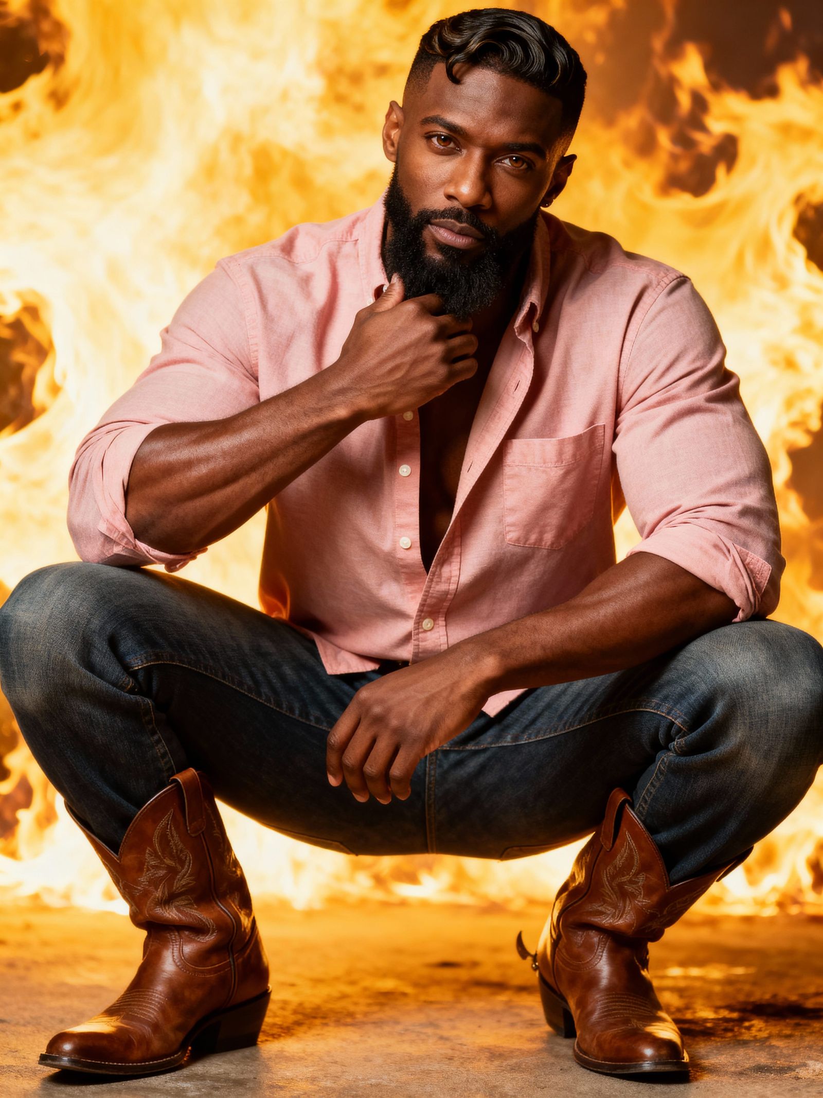 Powerful Black Man Confidently Poses Amidst Flames