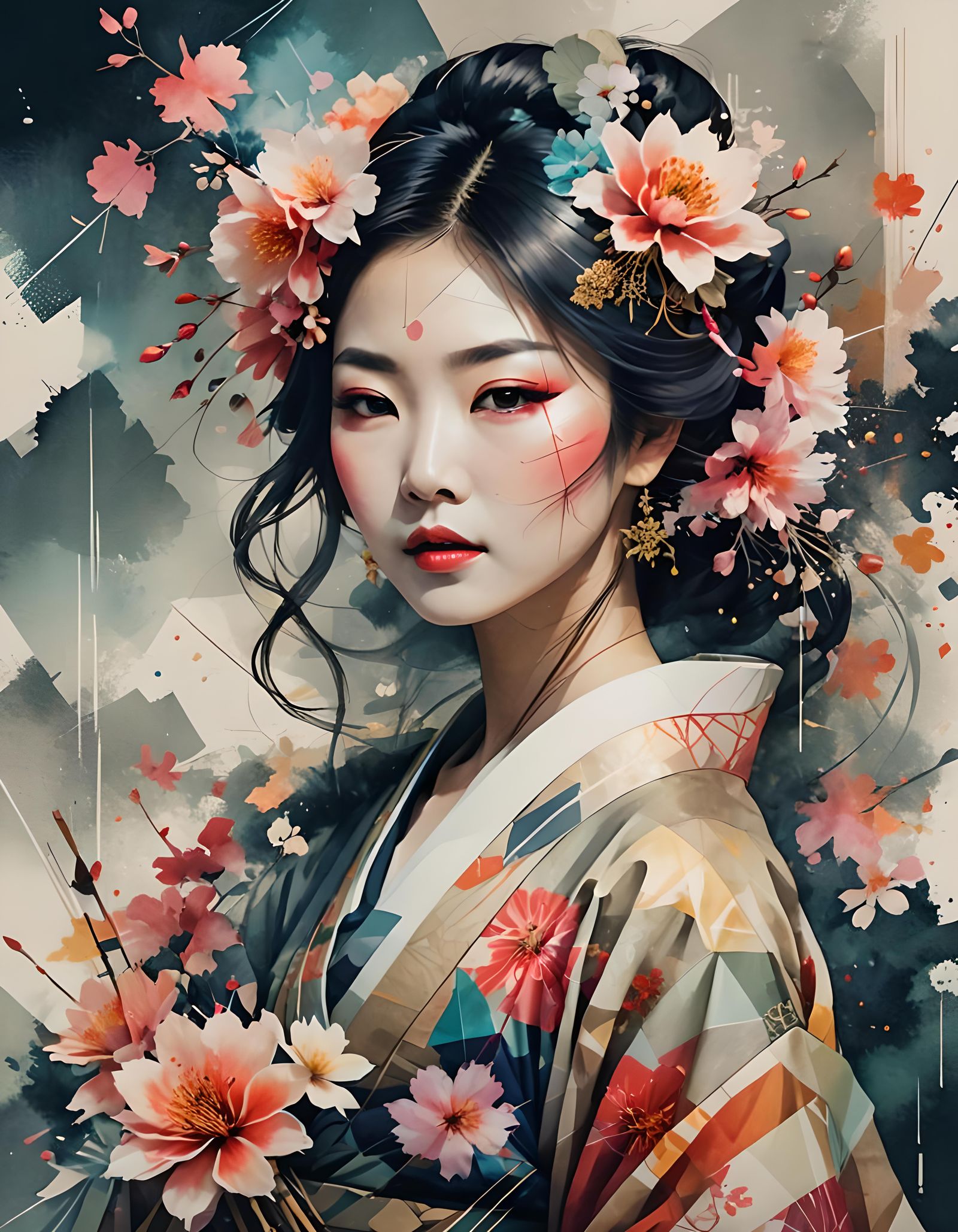 Japanese Courtesan Portrait with Geometric Watercolor