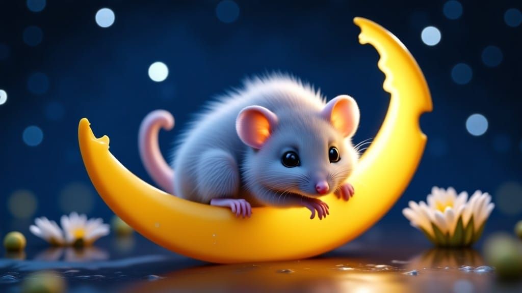 Whimsical Mouse Amidst a Glittering Moonlit Cheese Landscape