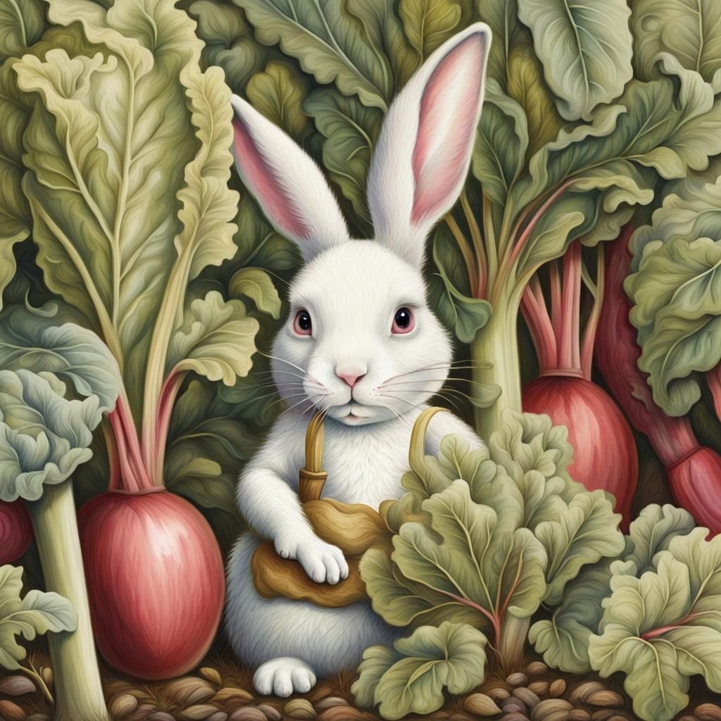 Charming White Rabbit in Rhubarb Patch, Potter Style