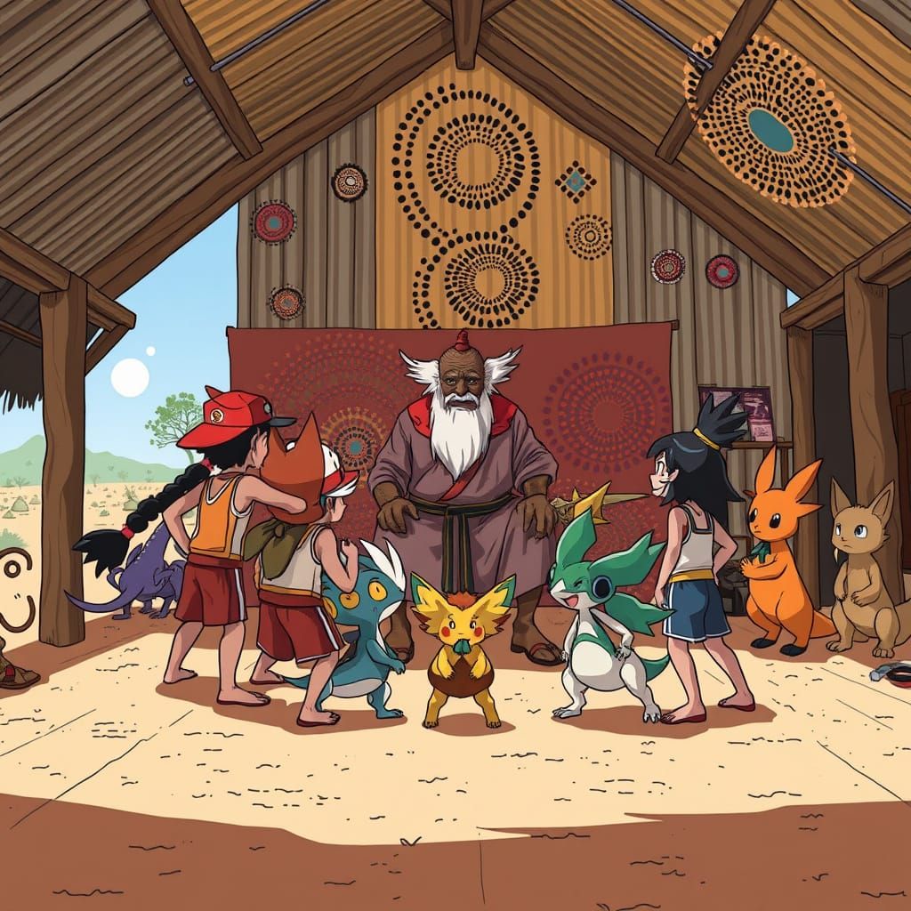 Pokémon Trainers Gather Around Aboriginal Elder in Vibrant A...
