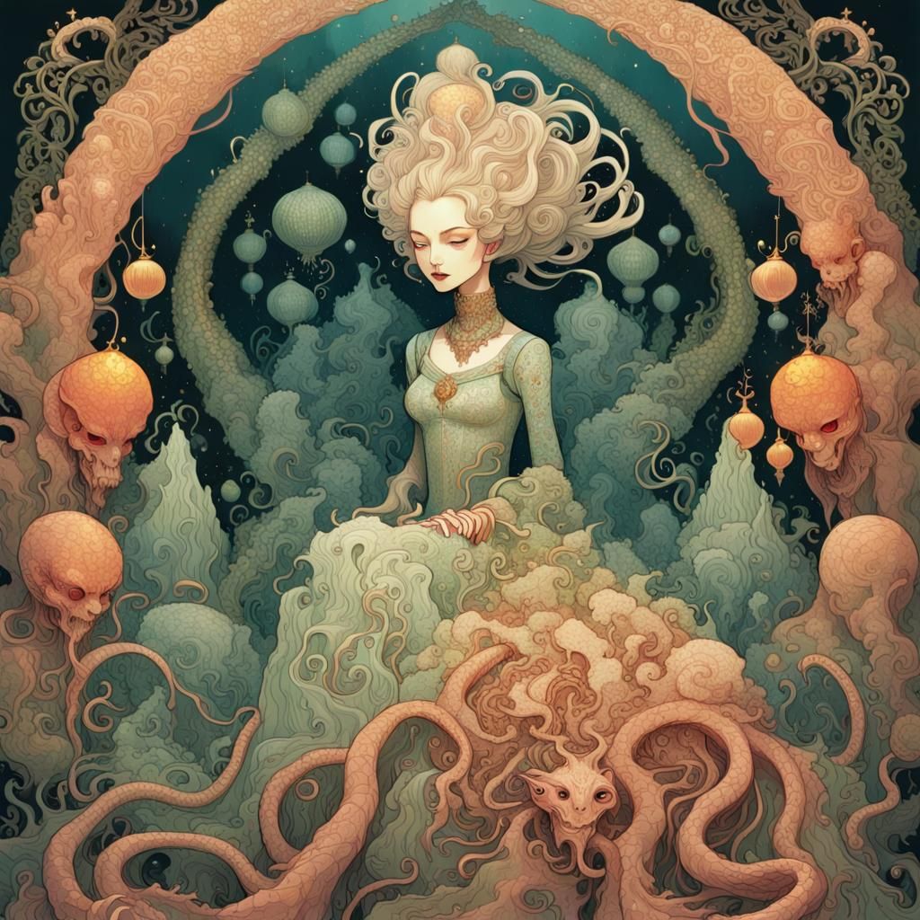 Lovecraftian Queen Marmot in Ornate Watercolor Style
