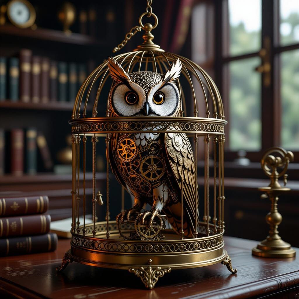 Elegant Mechanical Owl in Steampunk Birdcage