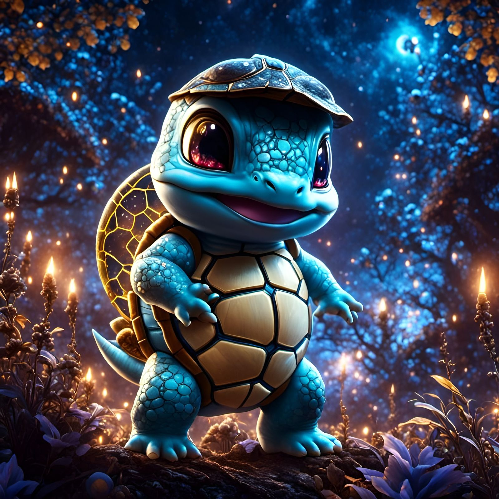 Shiny Chibi Squirtle on Cosmic Moonlit Night
