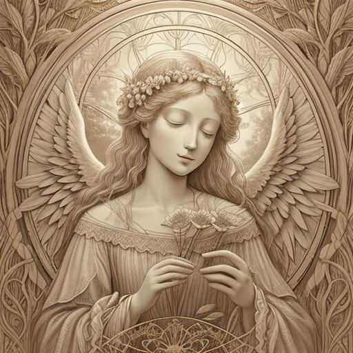 Angel With Flower in Forest, Doré-Inspired Pen and Ink