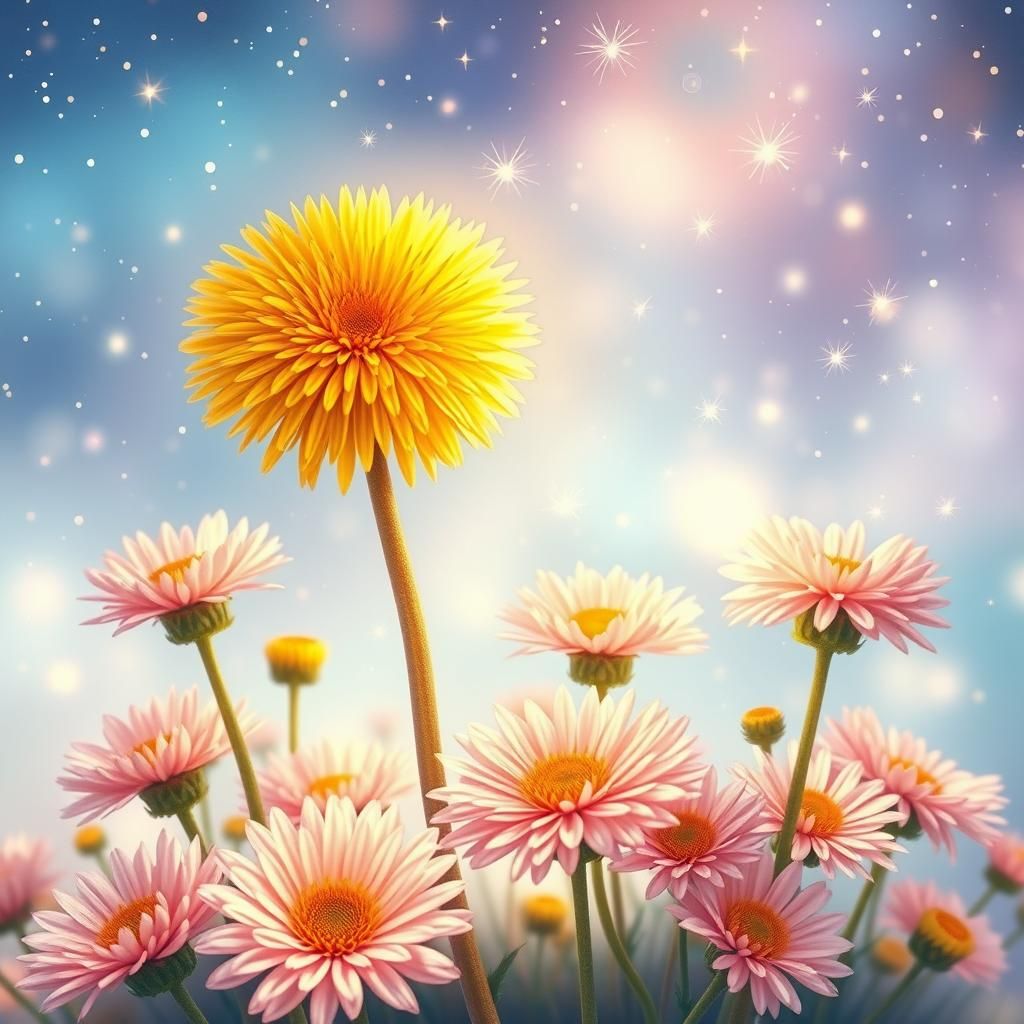Dandelion with Chrysanthemums in Dreamy Starry Sky