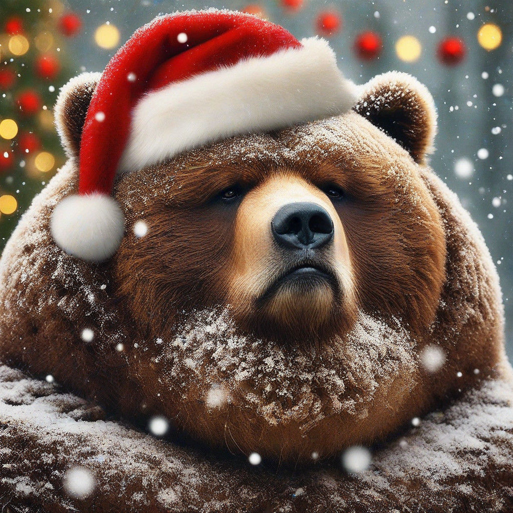 Comical Kodiak Bear in Santa Hat, Displeased in Snowy Landsc...
