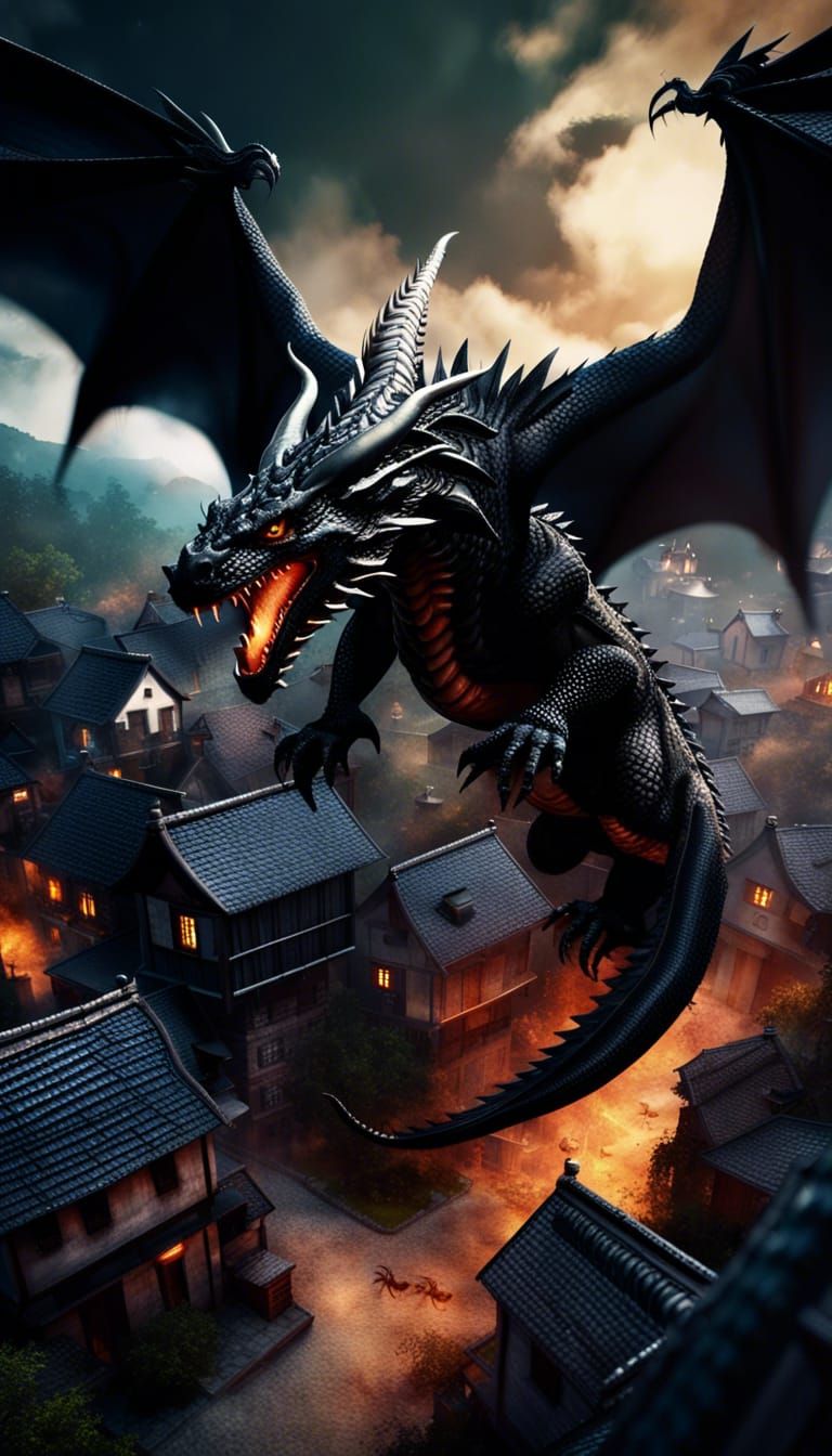 Furious Black Dragon Over Village in Cell Shading