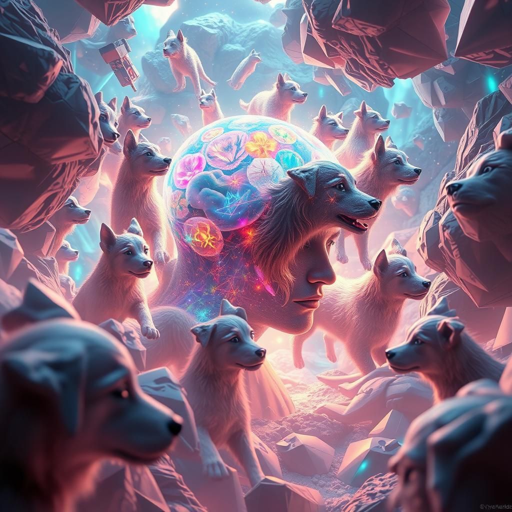 Surreal Mindscape with Luminescent Dogs in 3D Style