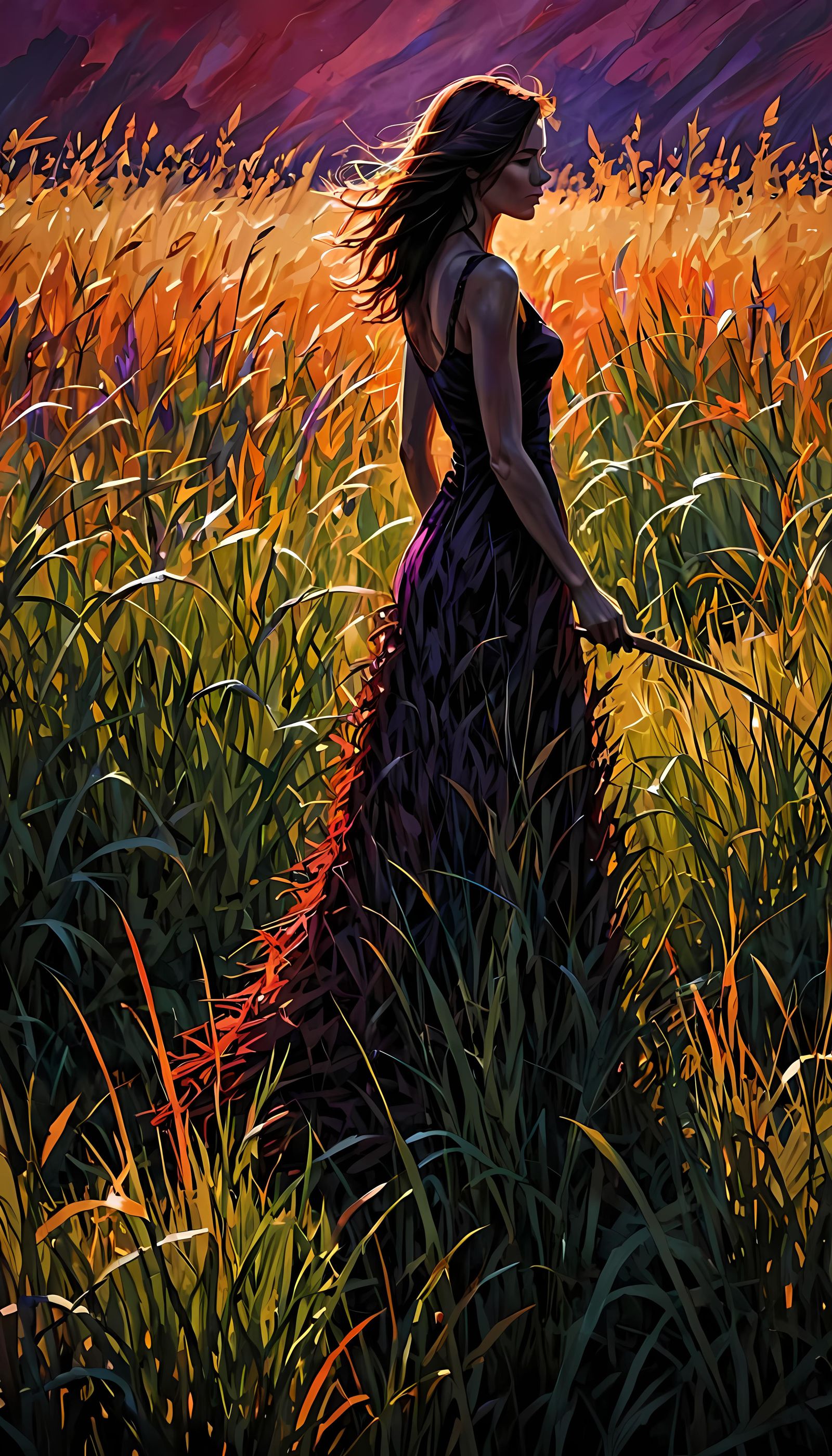 Vibrant Digital Sunset Over Windswept Grass