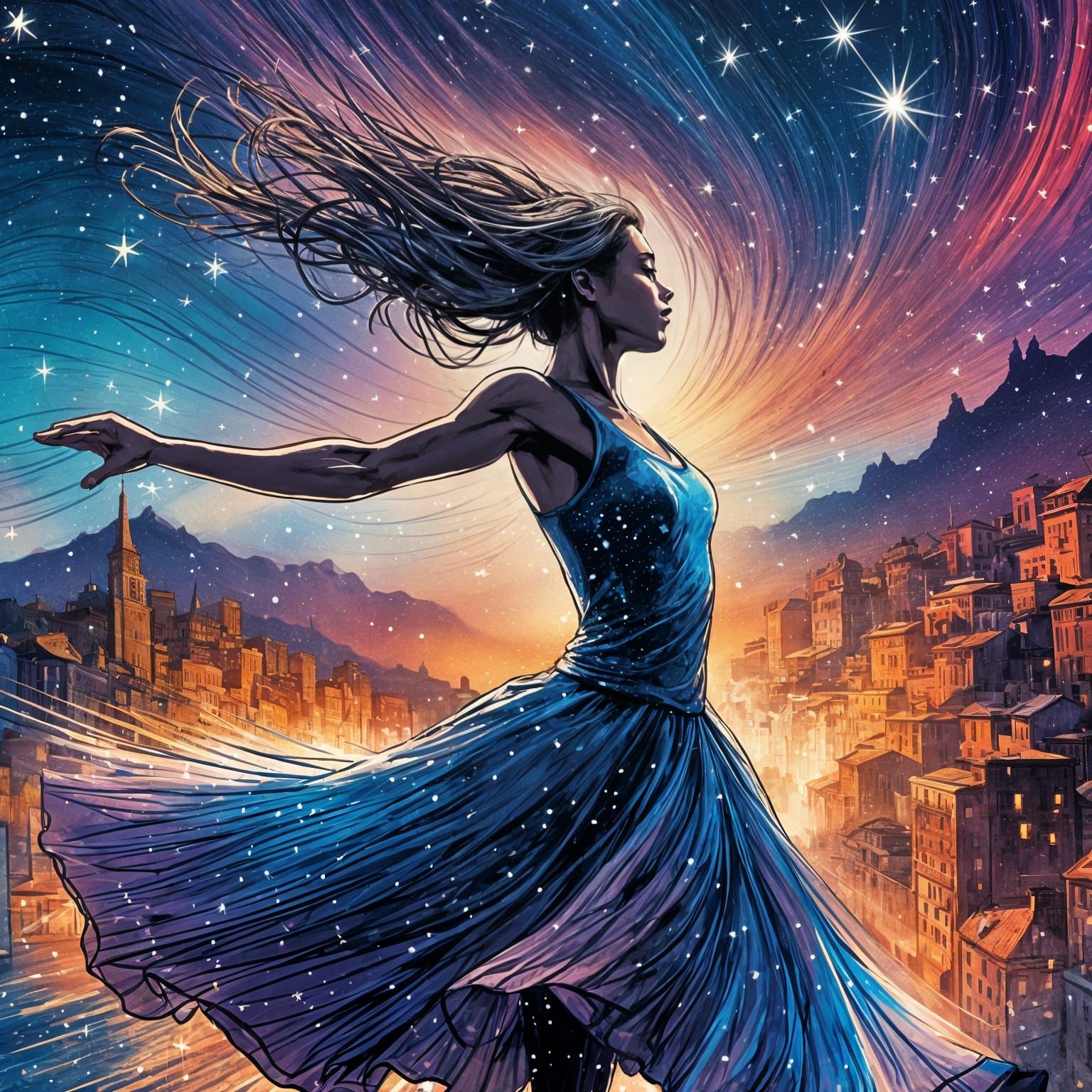 Dancer Under Falling Stars in Comic Style