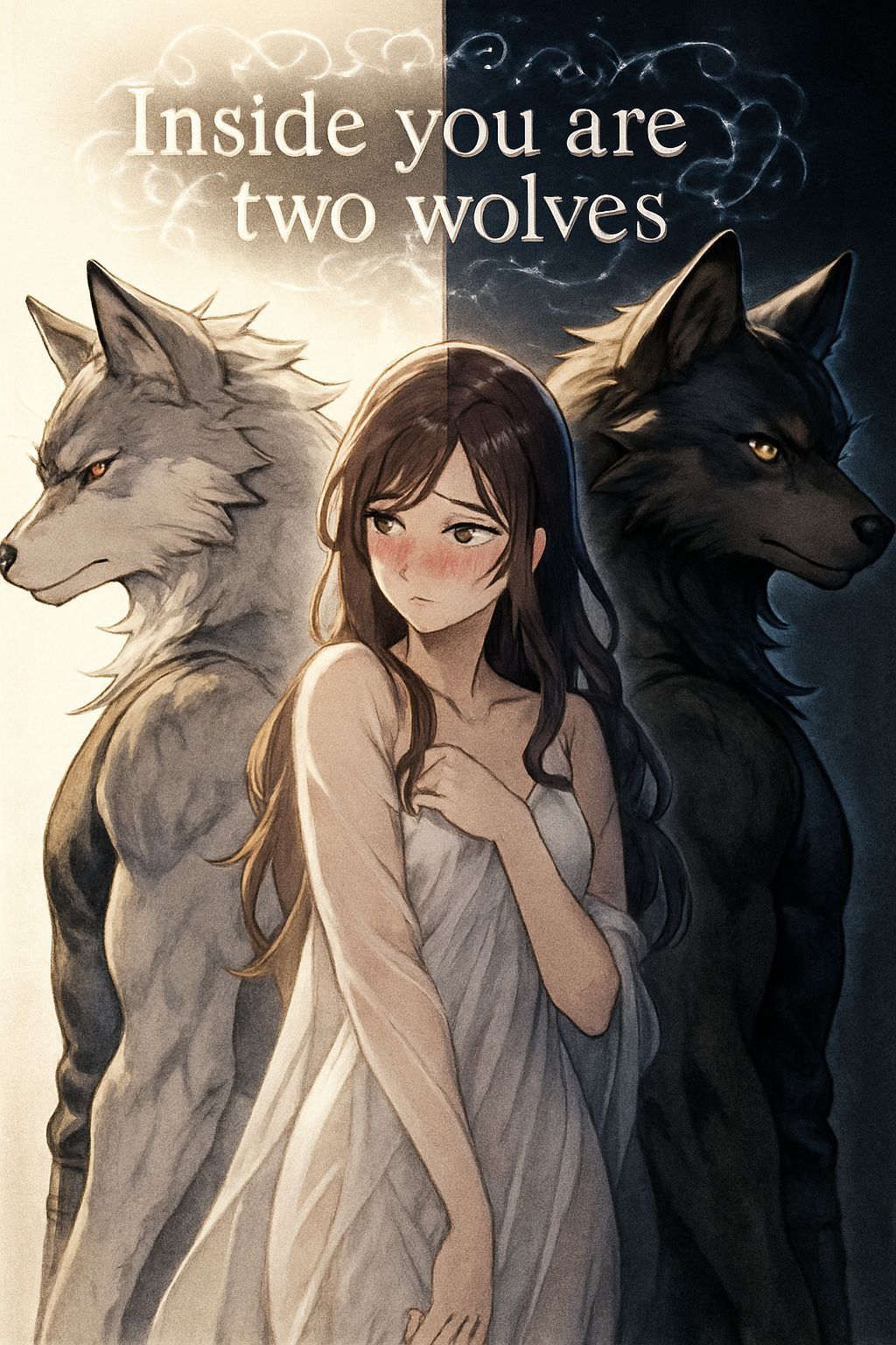 Anime Wolves and Woman in Double Exposure