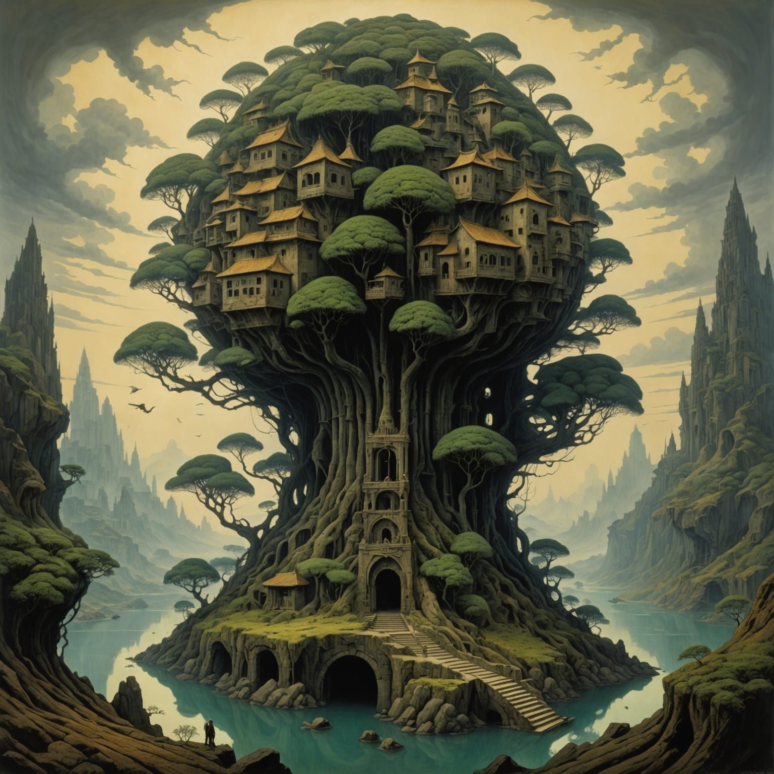 Surreal Japanese Landscape with Architectural Palm Tree