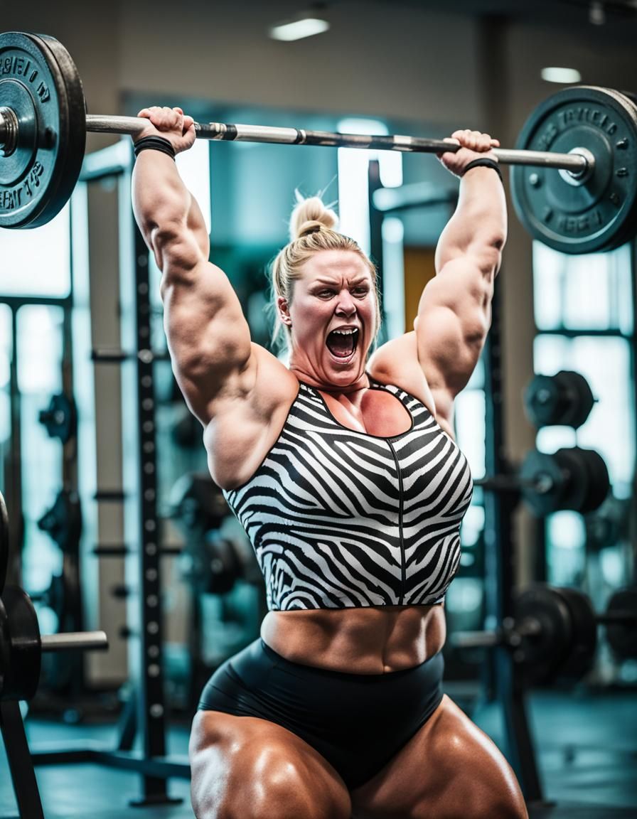 Sultry Plus Size Russian Weightlifter in Zebra Swimsuit with...