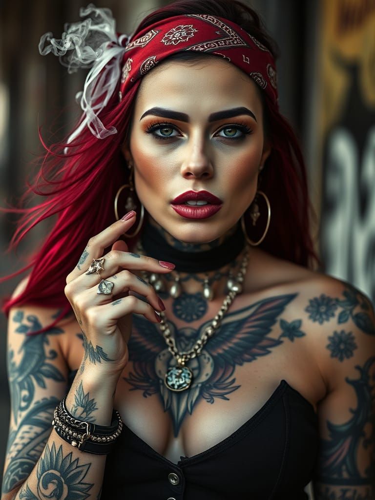 Striking Woman with Tattoos and Vape in Old-School Tattoo Ar...