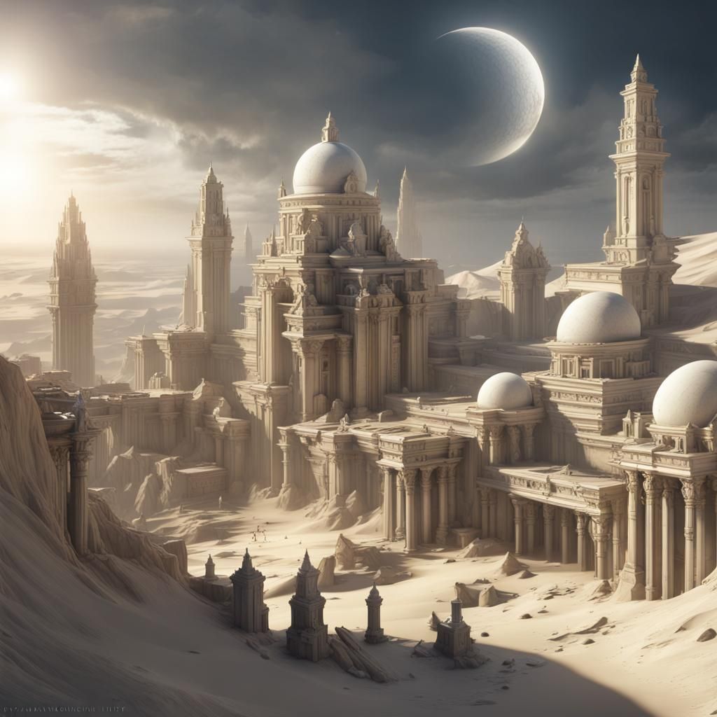 White Stone Desert City Under Eclipse, Dark Fantasy Art