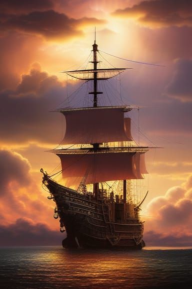 Pirate Ship at Sunset in God Light