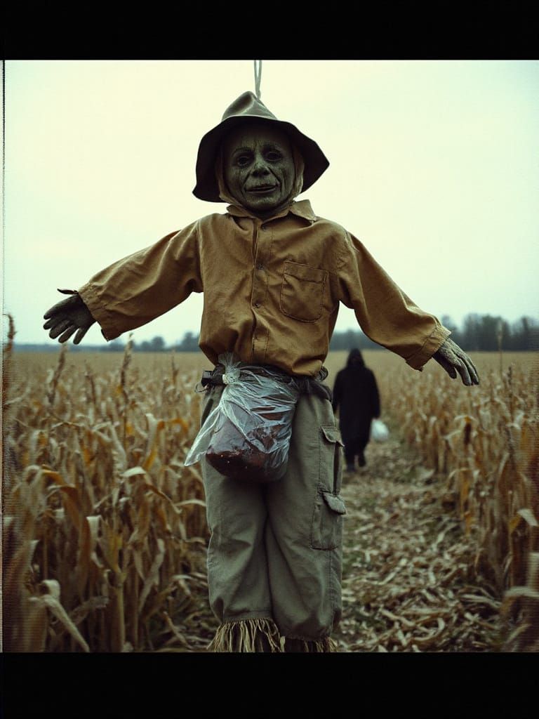 Distressed Scarecrow Captured in Retro Horror Scene