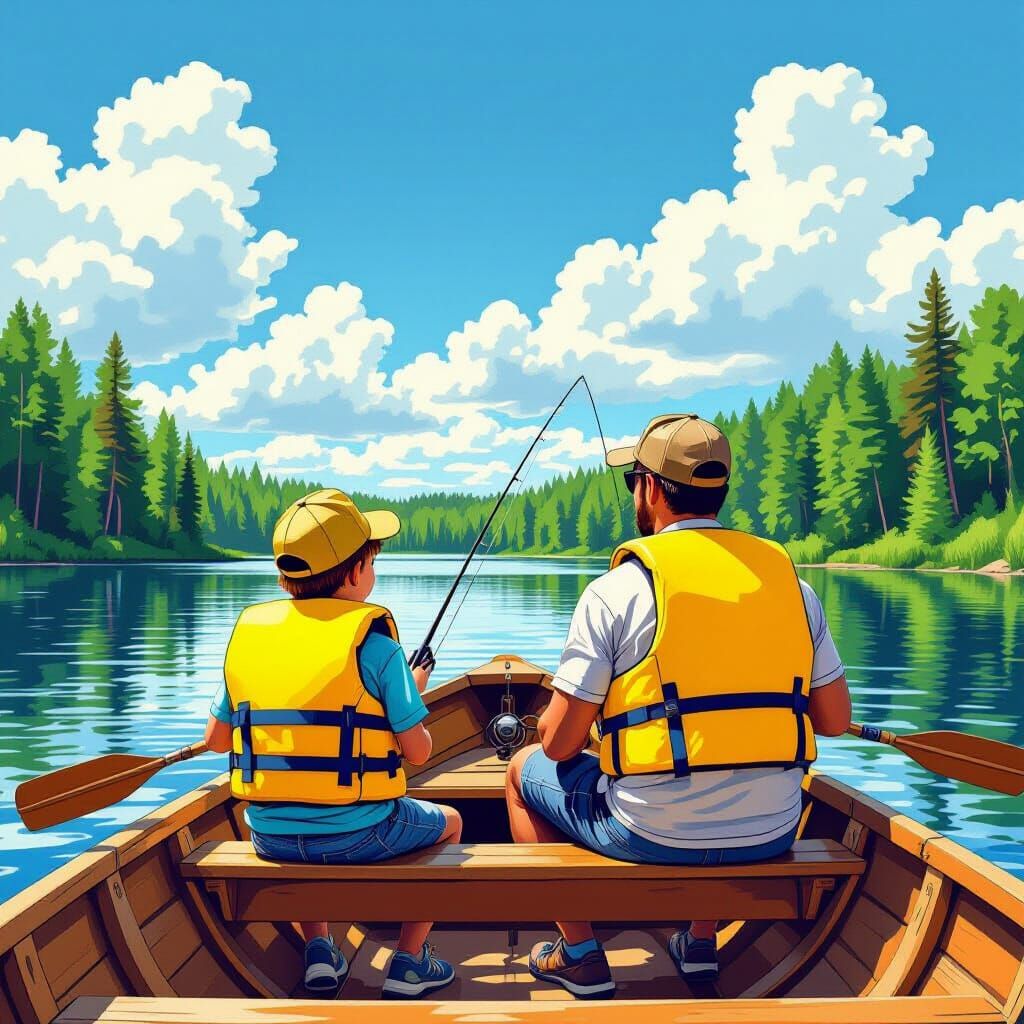 Father and Son Fishing on a Summer Lake