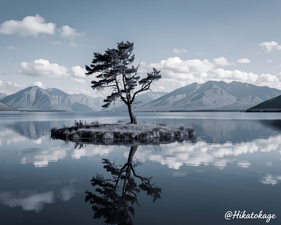 Lone Tree Reflected in Serene Lake, Majestic Mountains