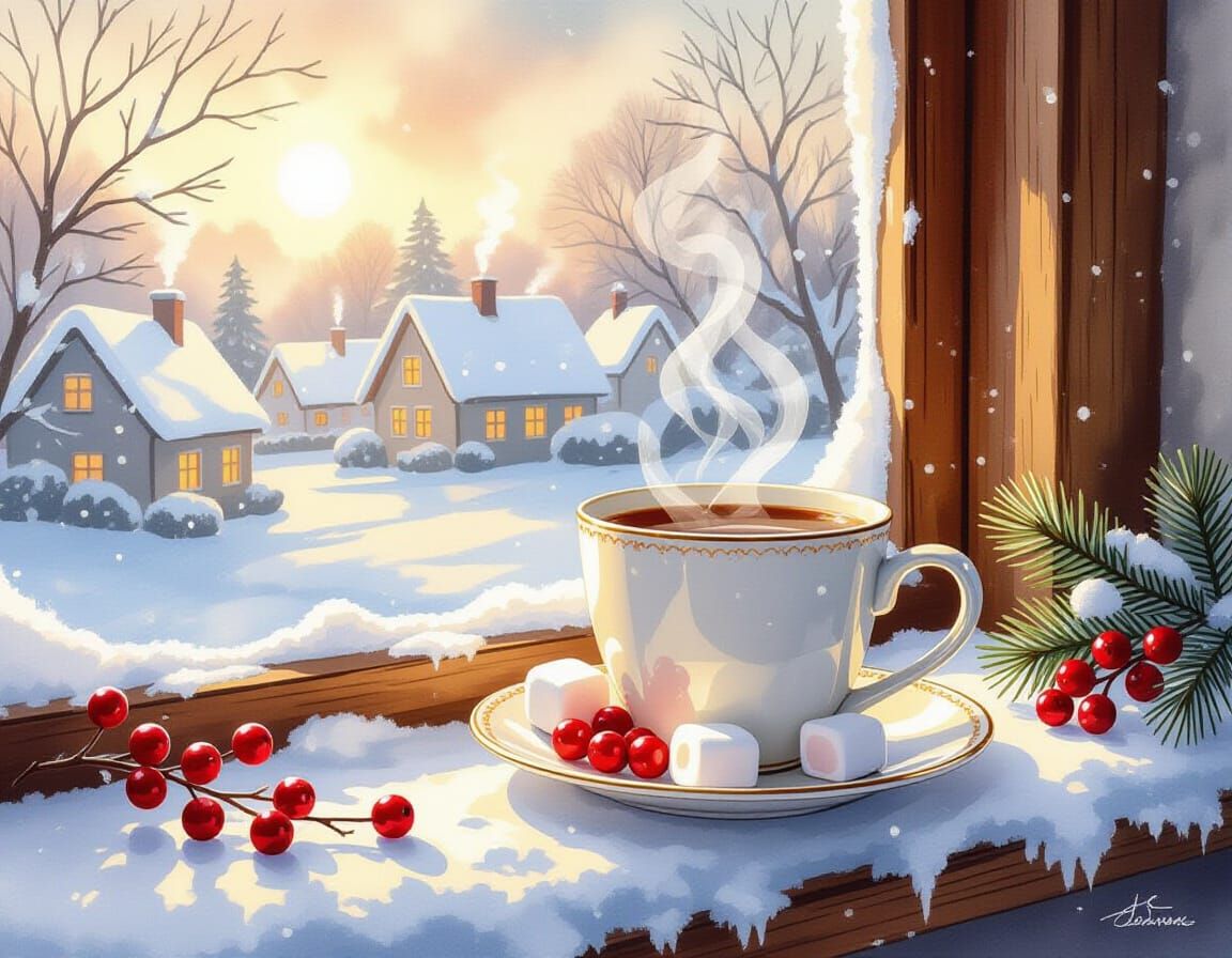 Cozy Winter Watercolor: Steaming Mug on Snowy Sill