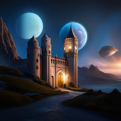 Space Age Castle with Three Moons, Detailed Art