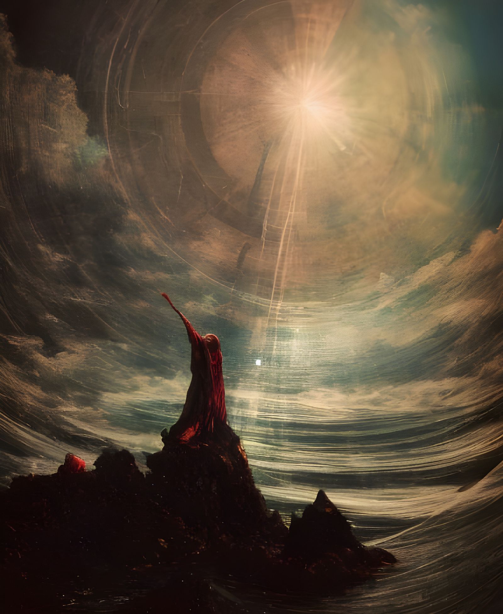 Surreal Sea with Precious Stone Inlay in Oil