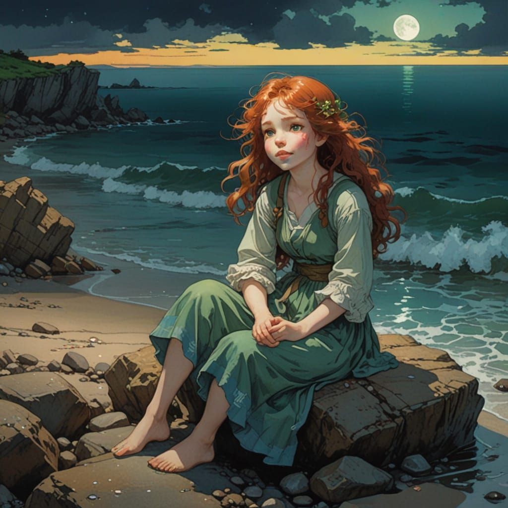 Princess on Rocky Beach in Watercolor Style