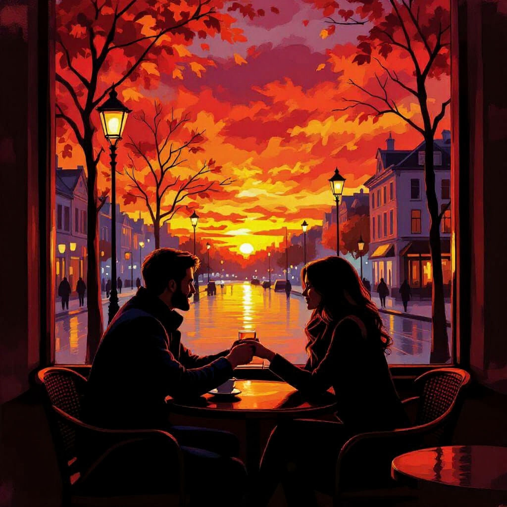 Romantic Cafe Scene at Sunset in Impressionist Style