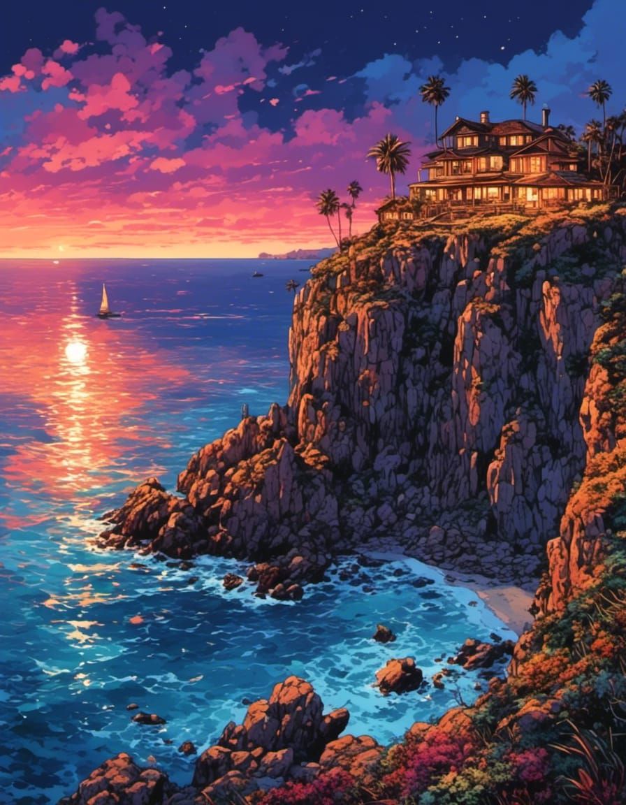 Maximalist Cliffs Overlook Sparkling Twilight Ocean