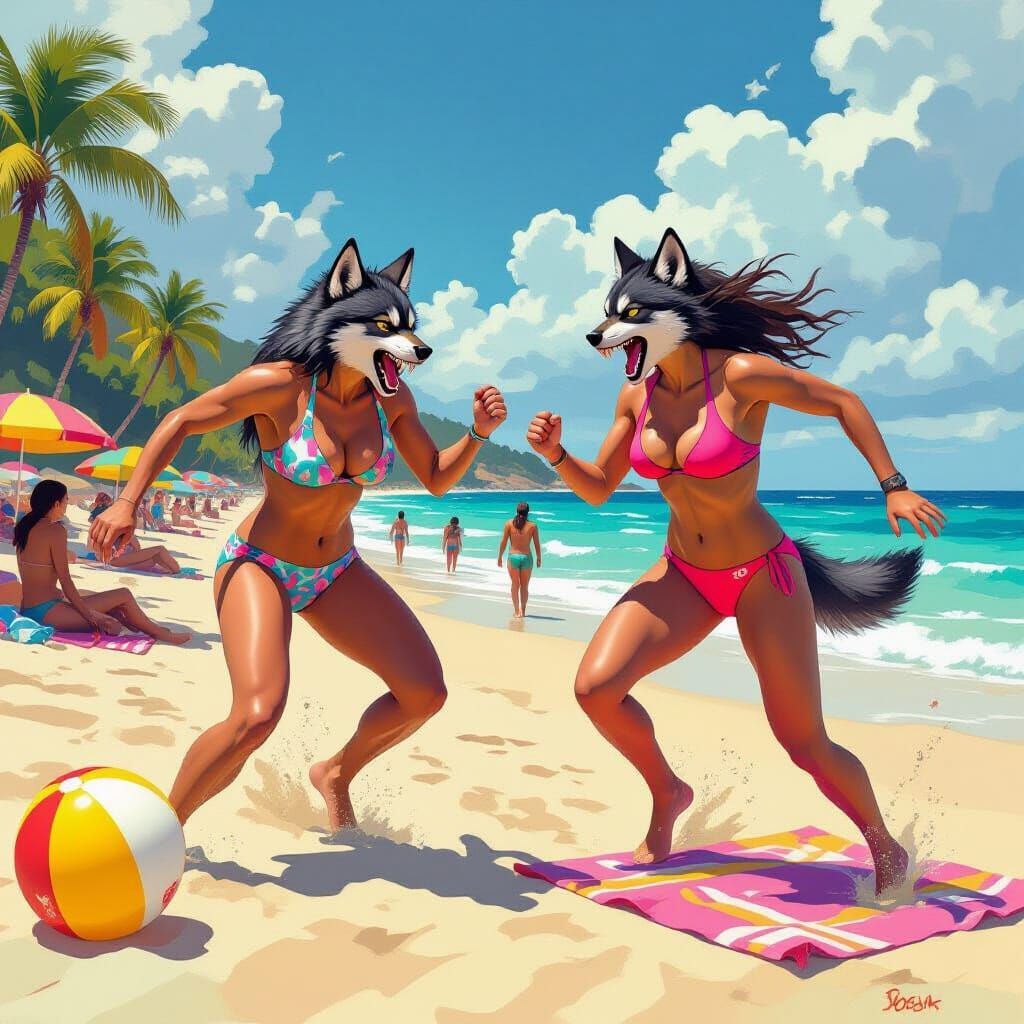 Bikini Werewolves Attack Tourists: Beach Scene