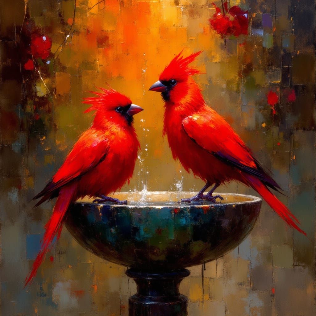 Crimson Rosellas Bathing at Fiery Sunset, Hyperrealistic