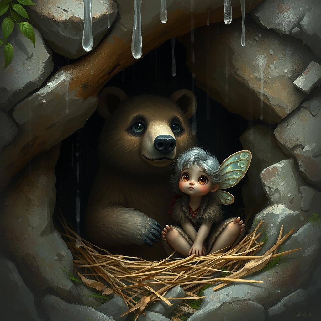 Fantastical Bear's Den Scene with Soggy Fairy Guest