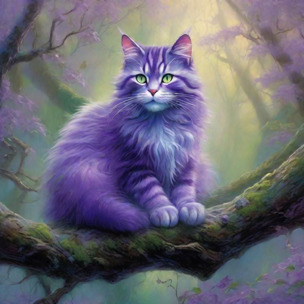 Purple and Green Striped Cat in Ethereal Mist