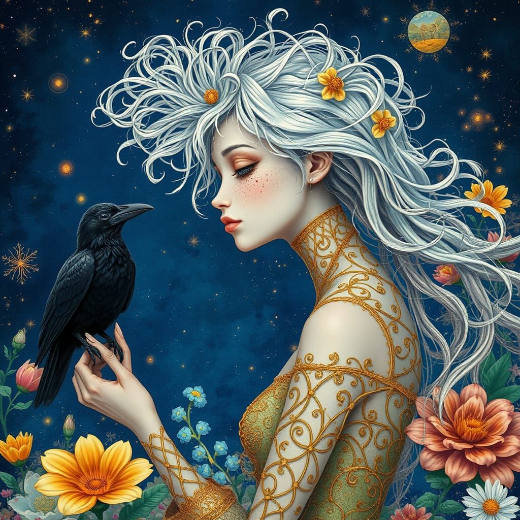 Filigree Woman in Surreal Garden, Klimt & Haeckel Style