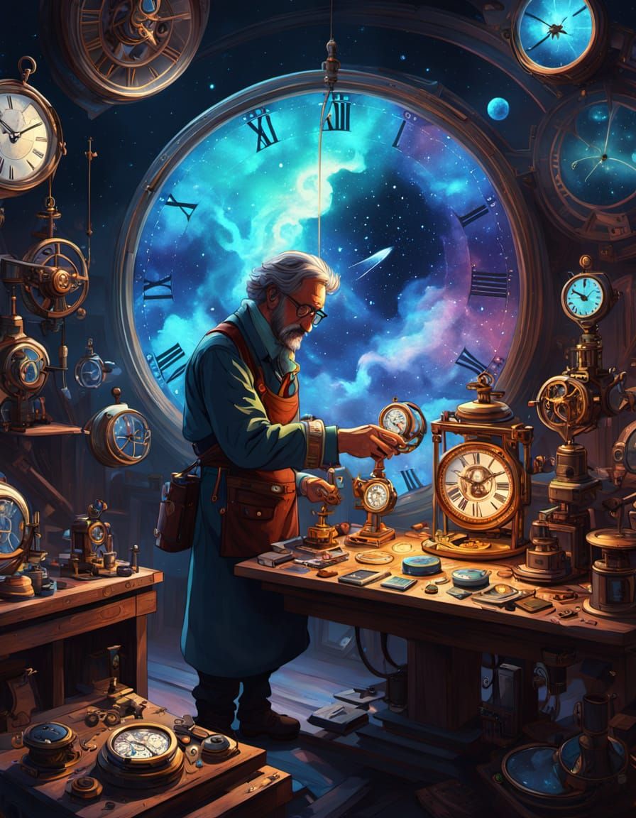 Celestial Clockmaker in Cosmic Workshop: Digital Art