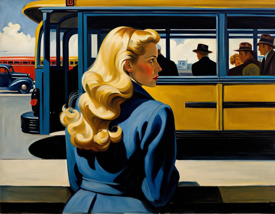 Woman at Bus Stop in Hopper Style