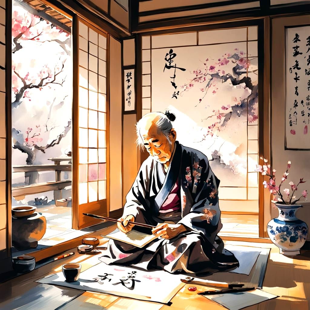 Japanese Calligrapher in Watercolor Impasto Style