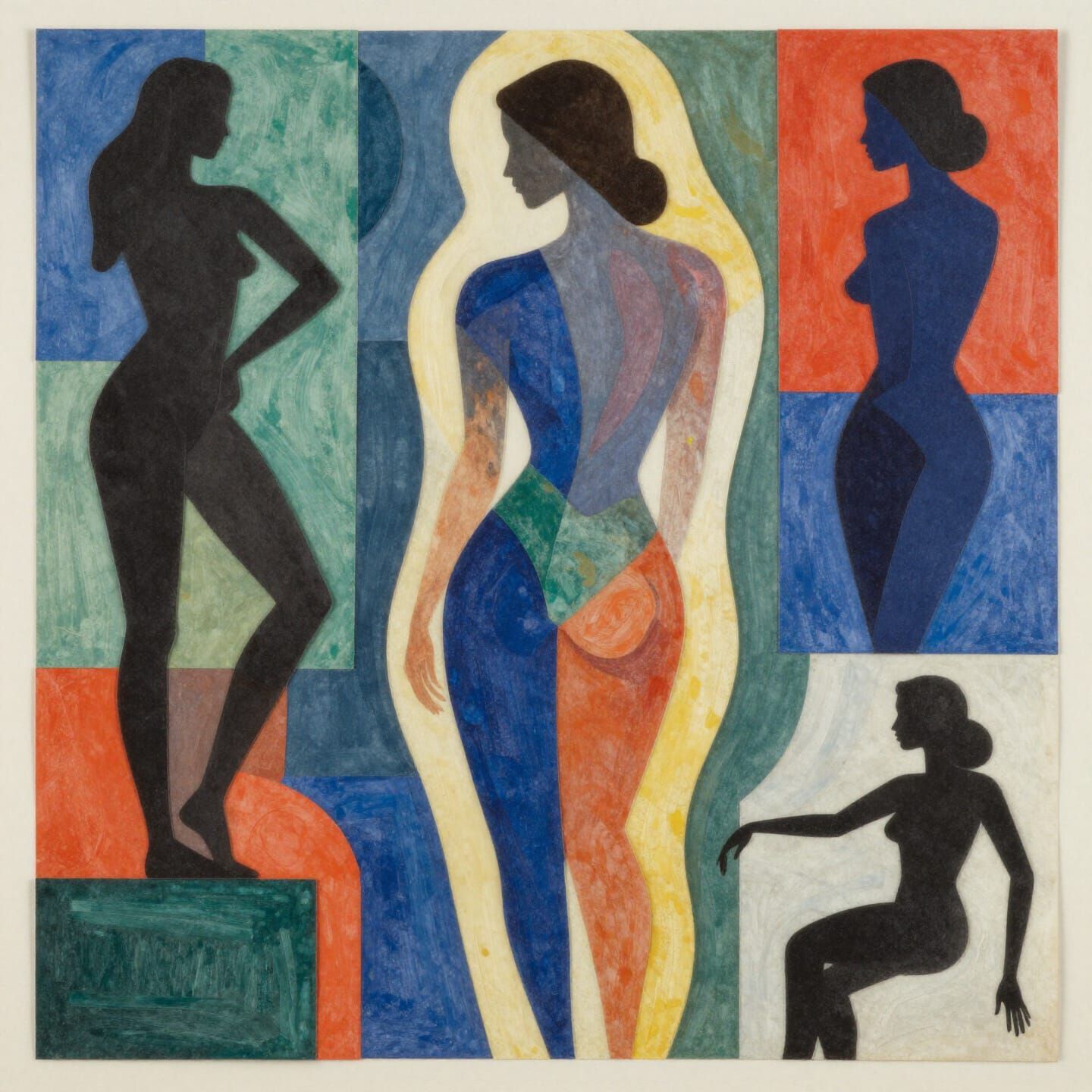 Savršena slika od kolaž papira raznih boja i oblika koja je sklopljena tako da pokaže savršenu žensku figuru snimljenu o...