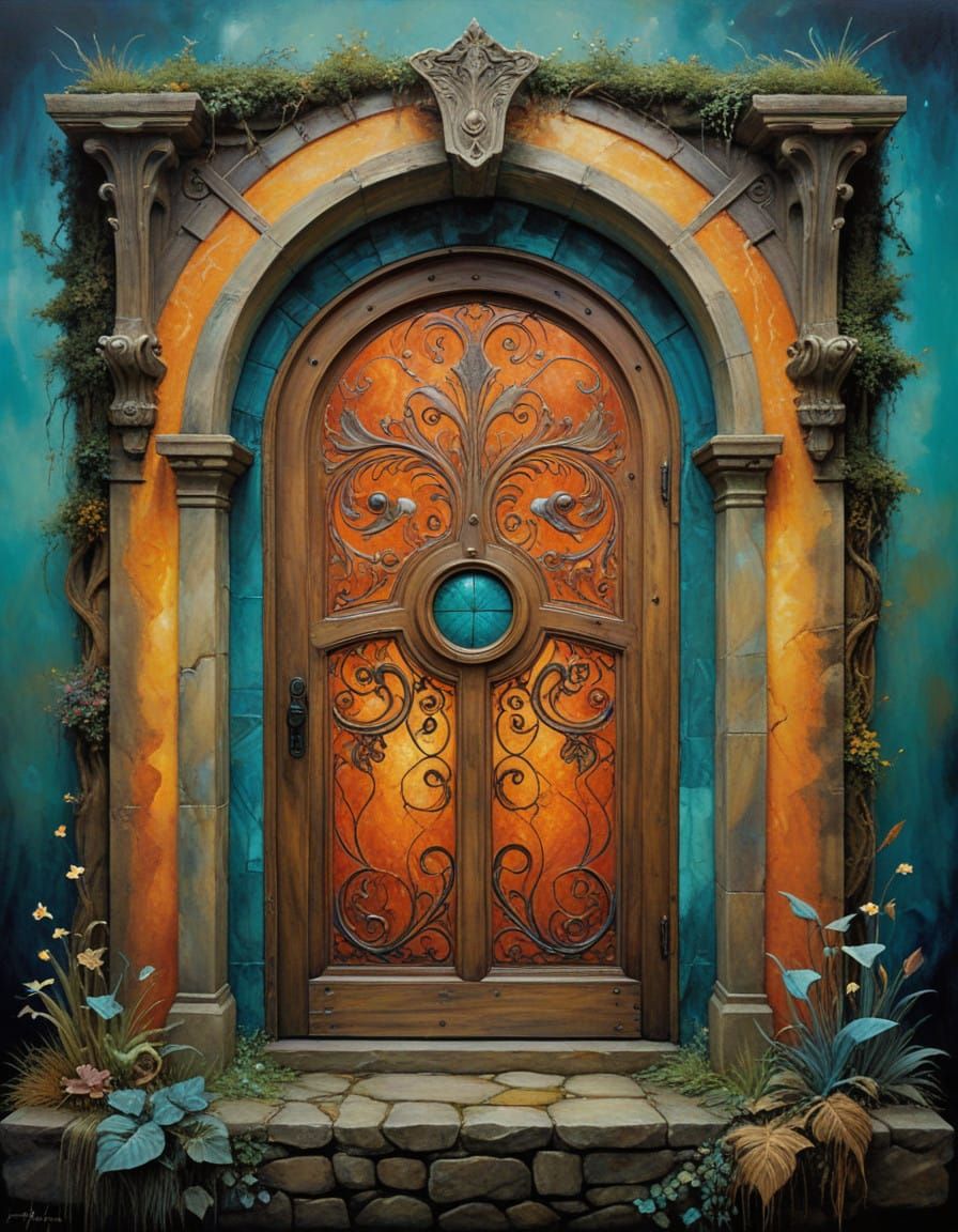 orange and teal art nouveau style door
