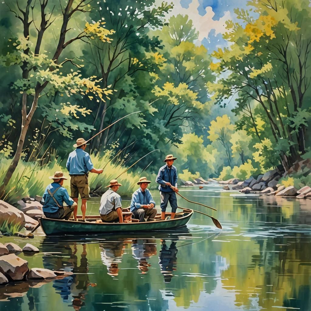 Brothers Fishing: Gouache Watercolor Impressionist Painting