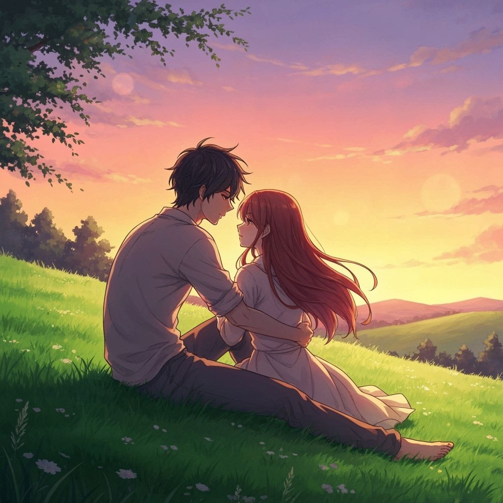 Couple Embracing at Sunset in Watercolor Style