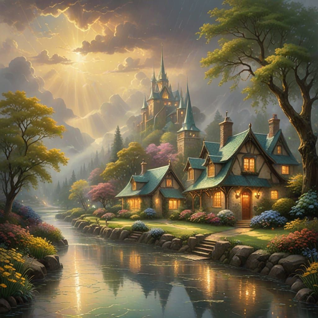 Ethereal Rainy Day Fantasy with Golden Light
