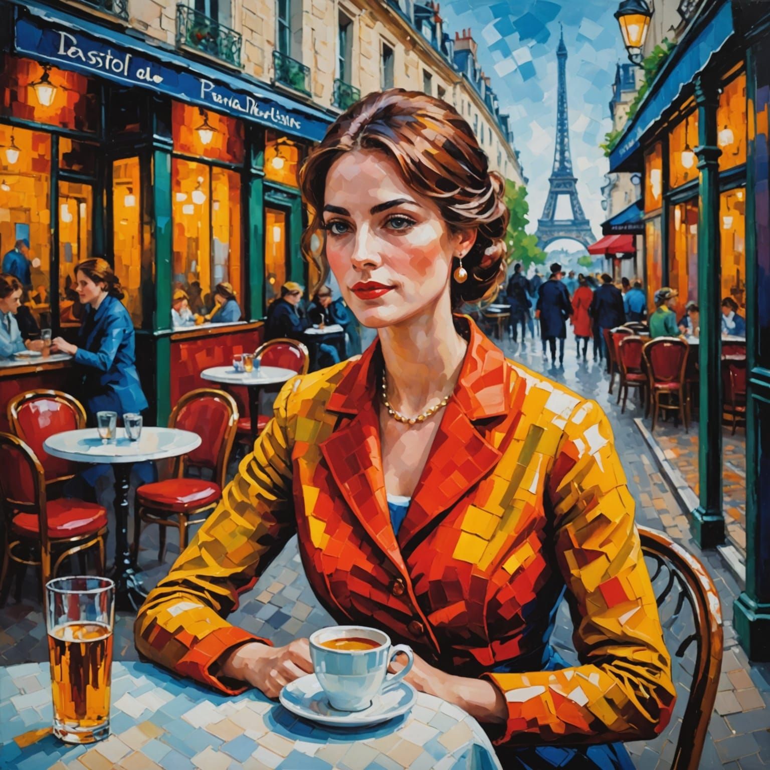 Parisian Cafe Scene in Neo-Impressionist Style