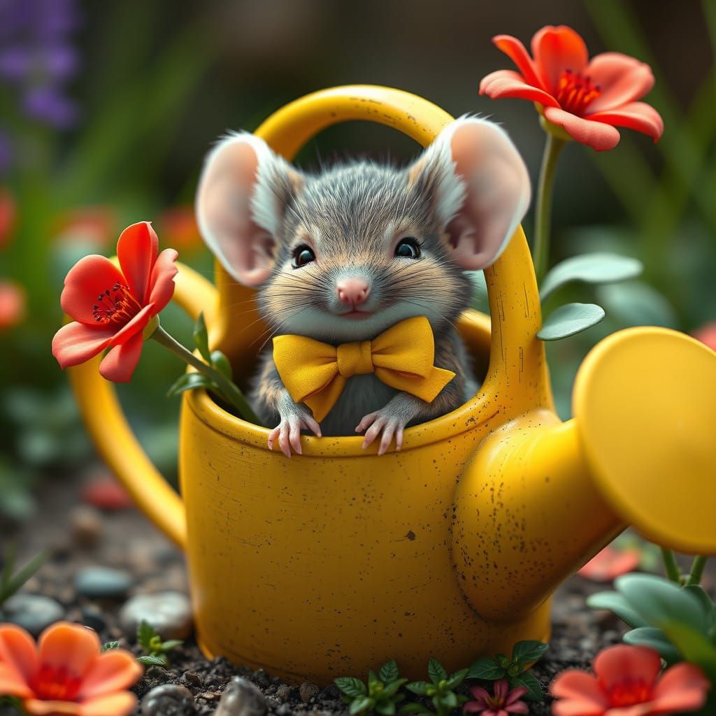 Whimsical Baby Mouse in Vibrant Watering Can