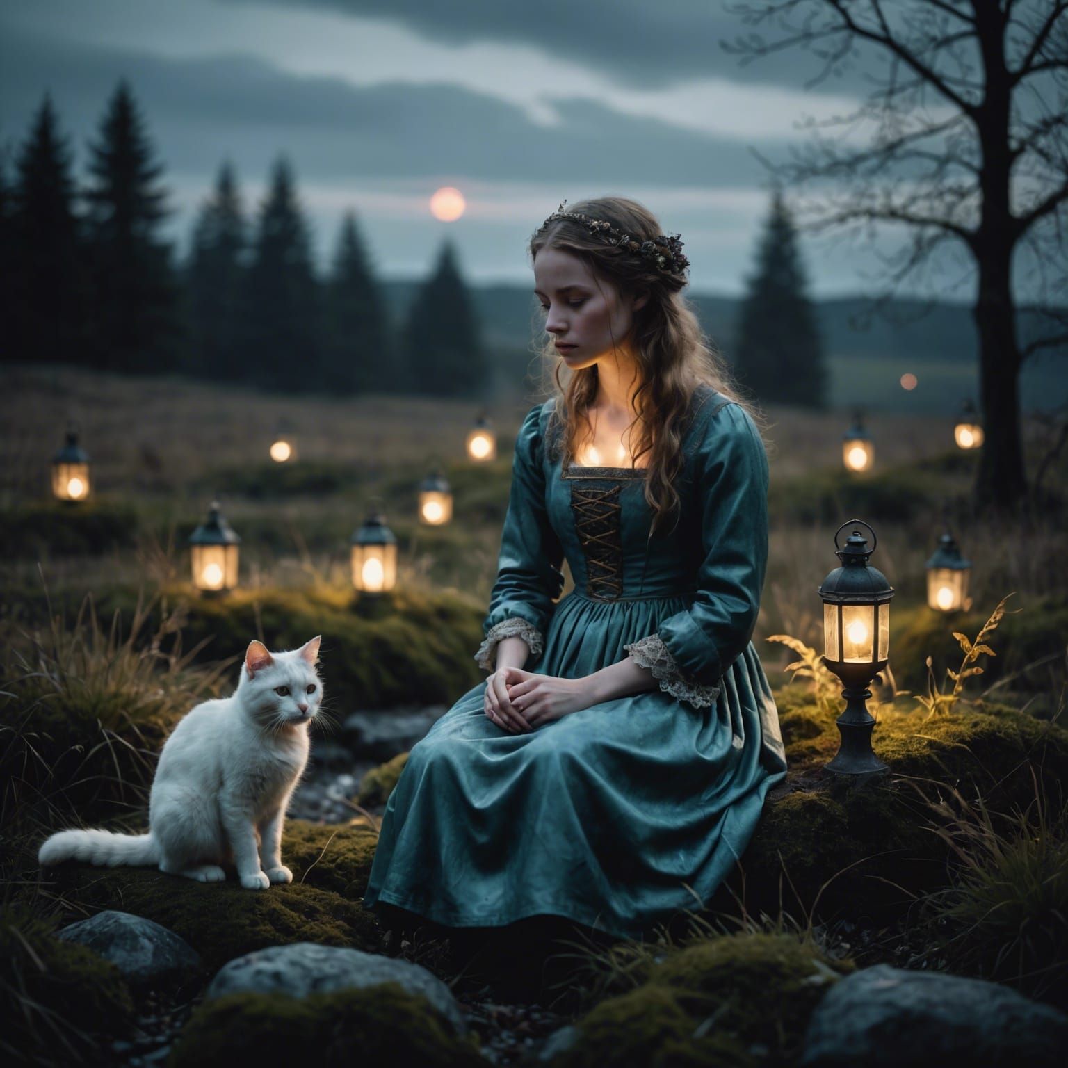 Demonic Wax Doll and Cat in Ethereal Landscape