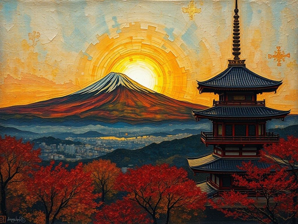 Surrealistic Klimt-Inspired Sunset Over Mount Fuji