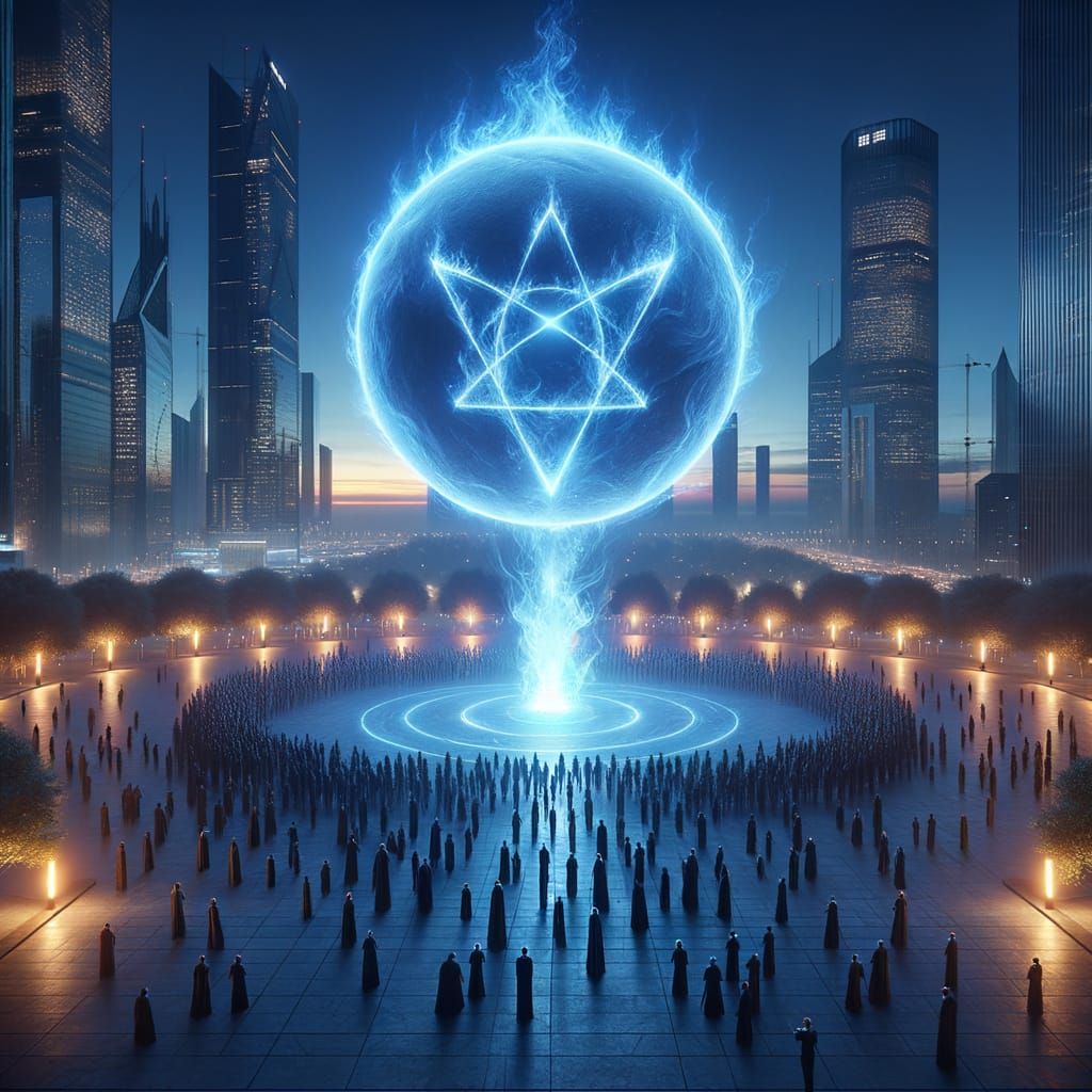 Glowing Blue Flame Star Pentagram in City Park