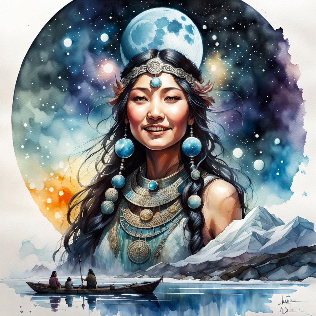 Inuit Moon Goddess Huntress in Hyperdetailed Watercolor